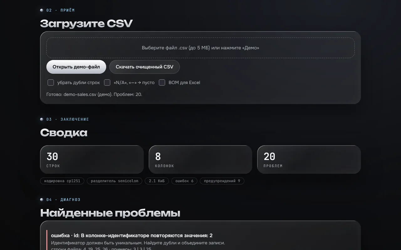 Скриншот проекта «csv-doctor: профиль и очистка CSV» на экране 1280 пикселей