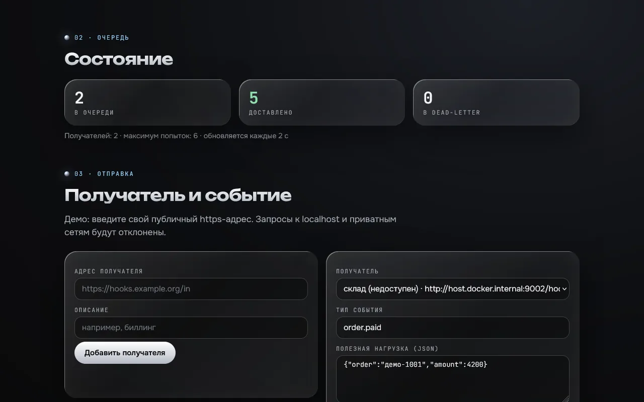 Скриншот проекта «hook-relay: доставка вебхуков» на экране 1280 пикселей