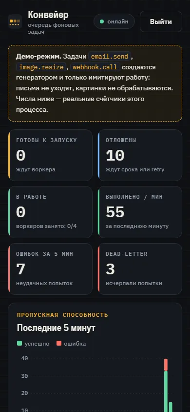 Скриншот проекта «Конвейер: очередь задач» на экране телефона, 390 пикселей