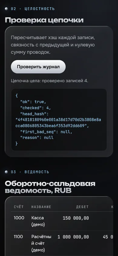 Скриншот проекта «ledger-core: двойная запись и хэш-цепочка журнала» на экране телефона, 390 пикселей