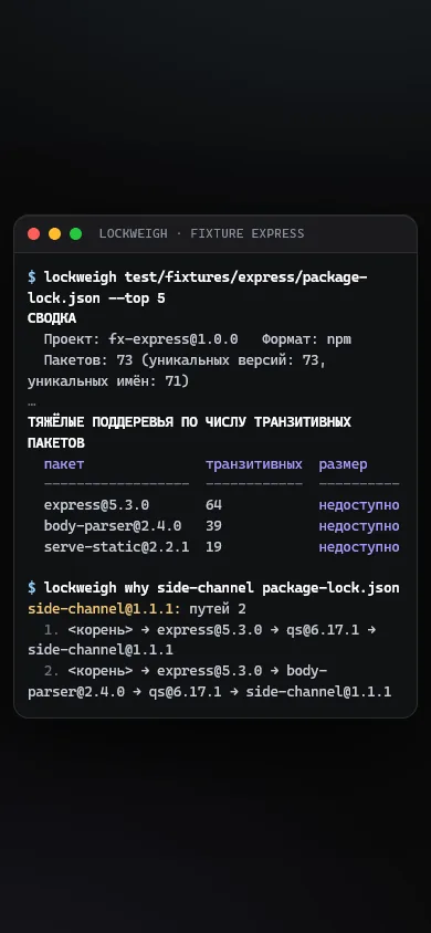 Скриншот проекта «lockweigh: «взвешивает» lock-файл» на экране телефона, 390 пикселей