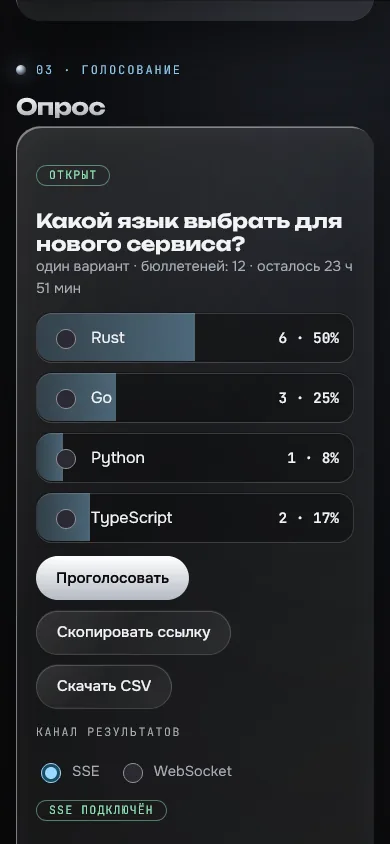 Скриншот проекта «poll-board: опросы в реальном времени» на экране телефона, 390 пикселей