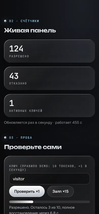 Скриншот проекта «rate-gate: ограничитель частоты запросов» на экране телефона, 390 пикселей