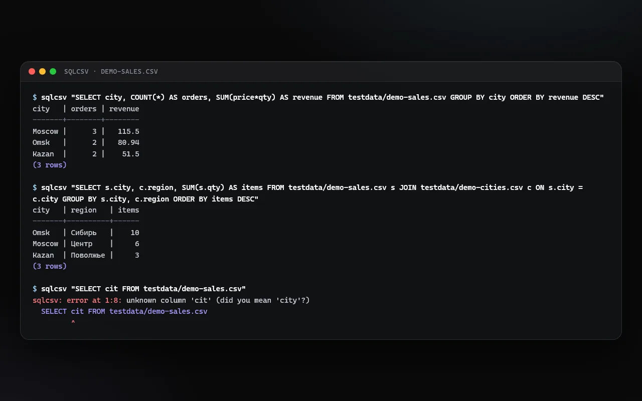 Скриншот проекта «sqlcsv: SQL-запросы к CSV из командной строки» на экране 1280 пикселей