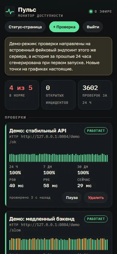 Скриншот проекта «Пульс: монитор доступности» на экране телефона, 390 пикселей